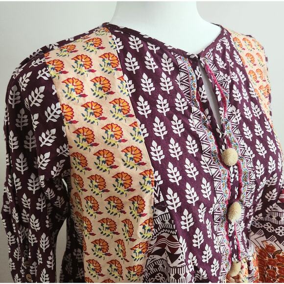 Khaadi Cotton Pom Pom Long Sleeve Flare Tunic Boho Artisan Print | Women Size 8 - Picture 3 of 12
